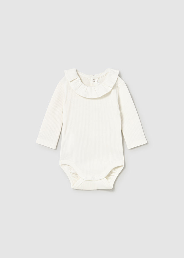 Mayoral Baby Cream Ribbed Onesie with Ruffle Collar