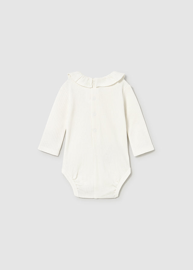 Mayoral Baby Cream Ribbed Onesie with Ruffle Collar