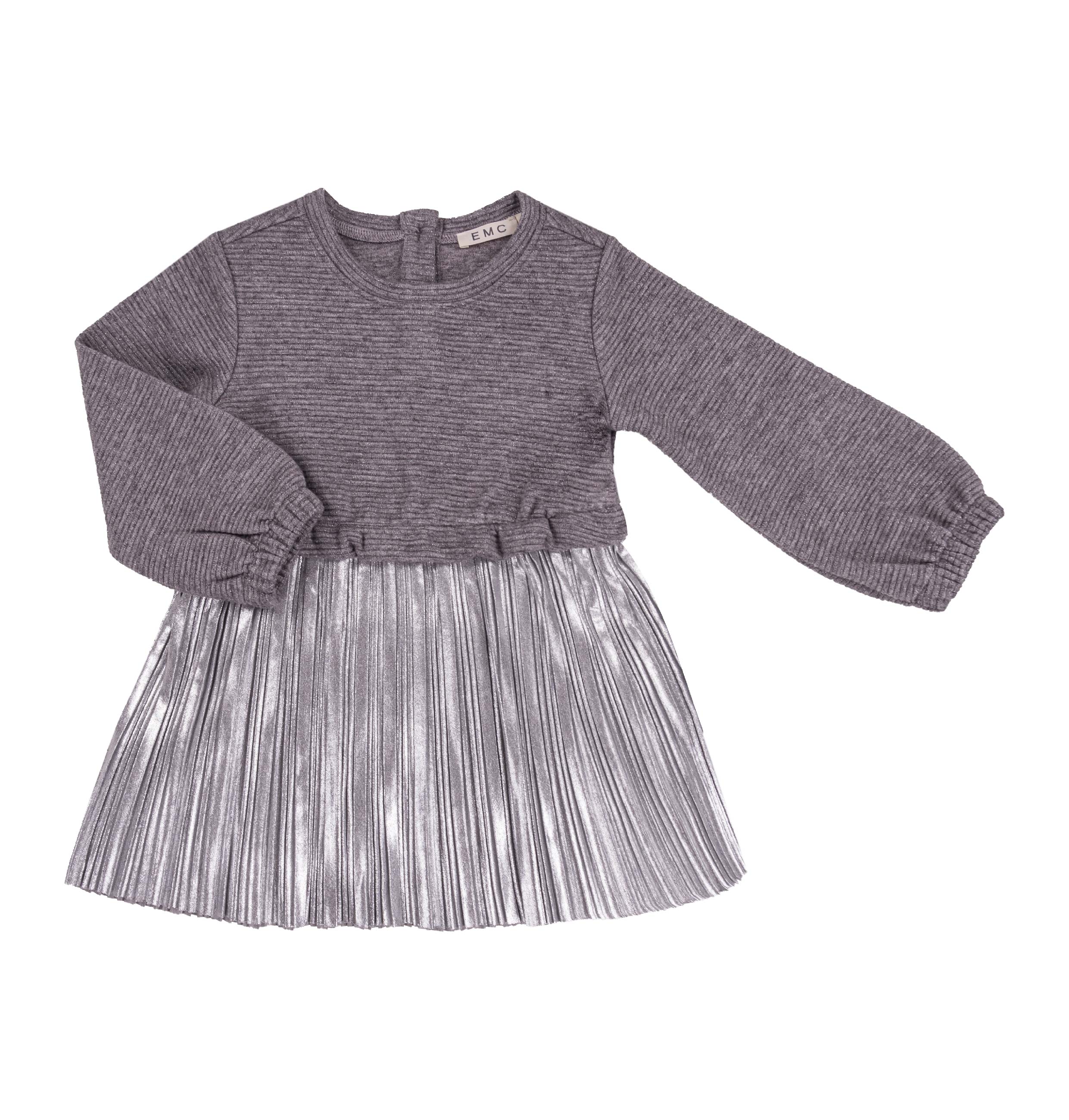 One-Piece Silver Knit Top and Silver Metallic Pleated Dress