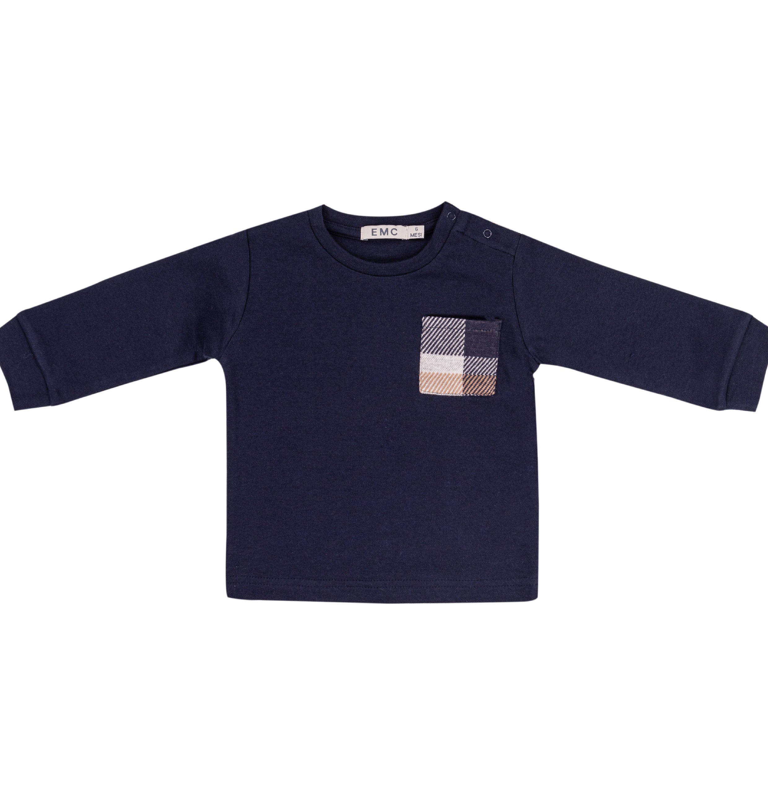 Navy Blue Long Sleeve T-shirt with Plaid Pocket