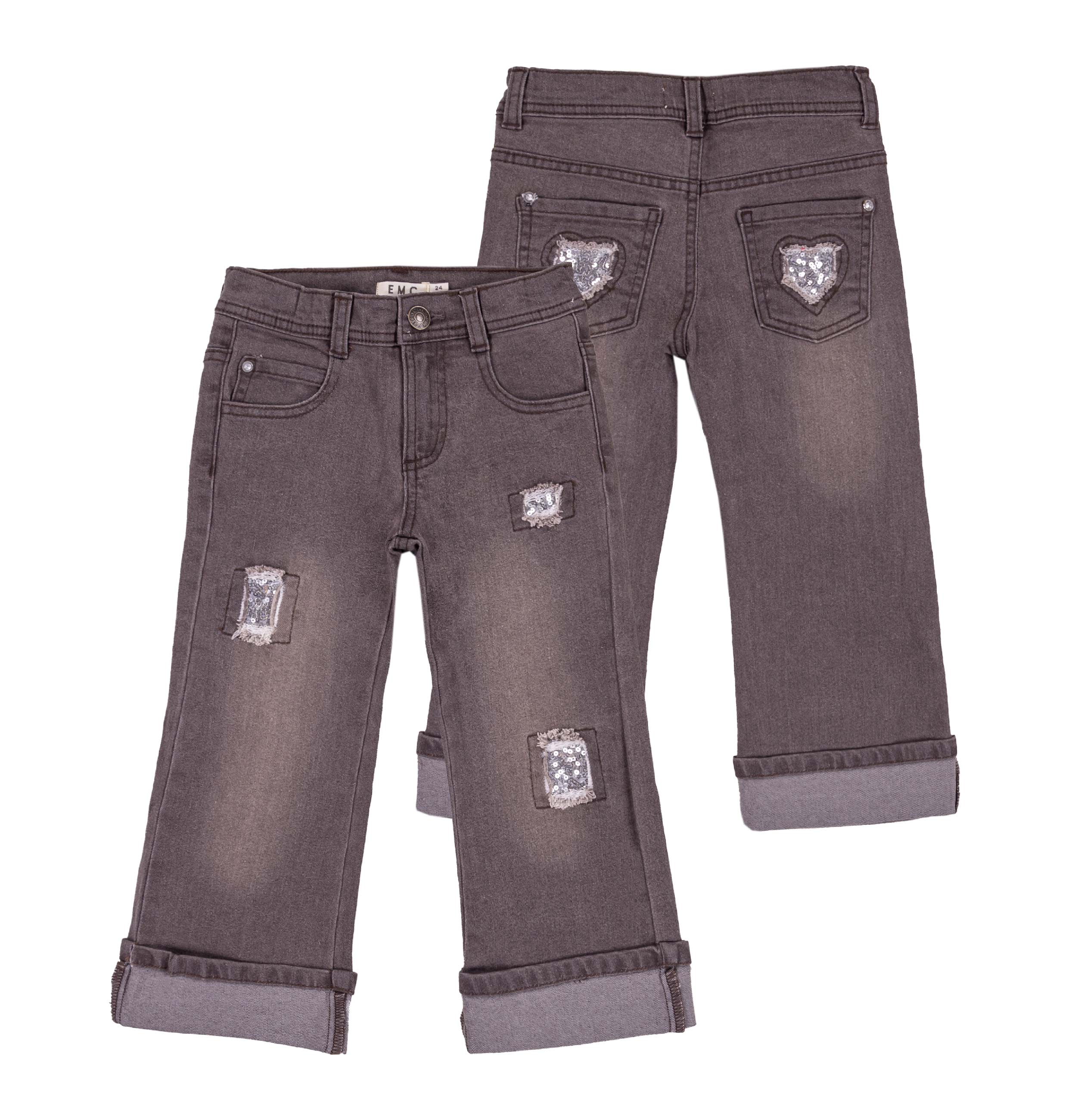 Girl's Grey Stretch Denim Pants with Silver Sequin Detail