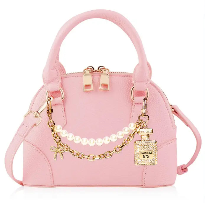 Carrying Kind - Pink Charlotte with String of Pearls and Rhinestone Perfume Bottle Charm