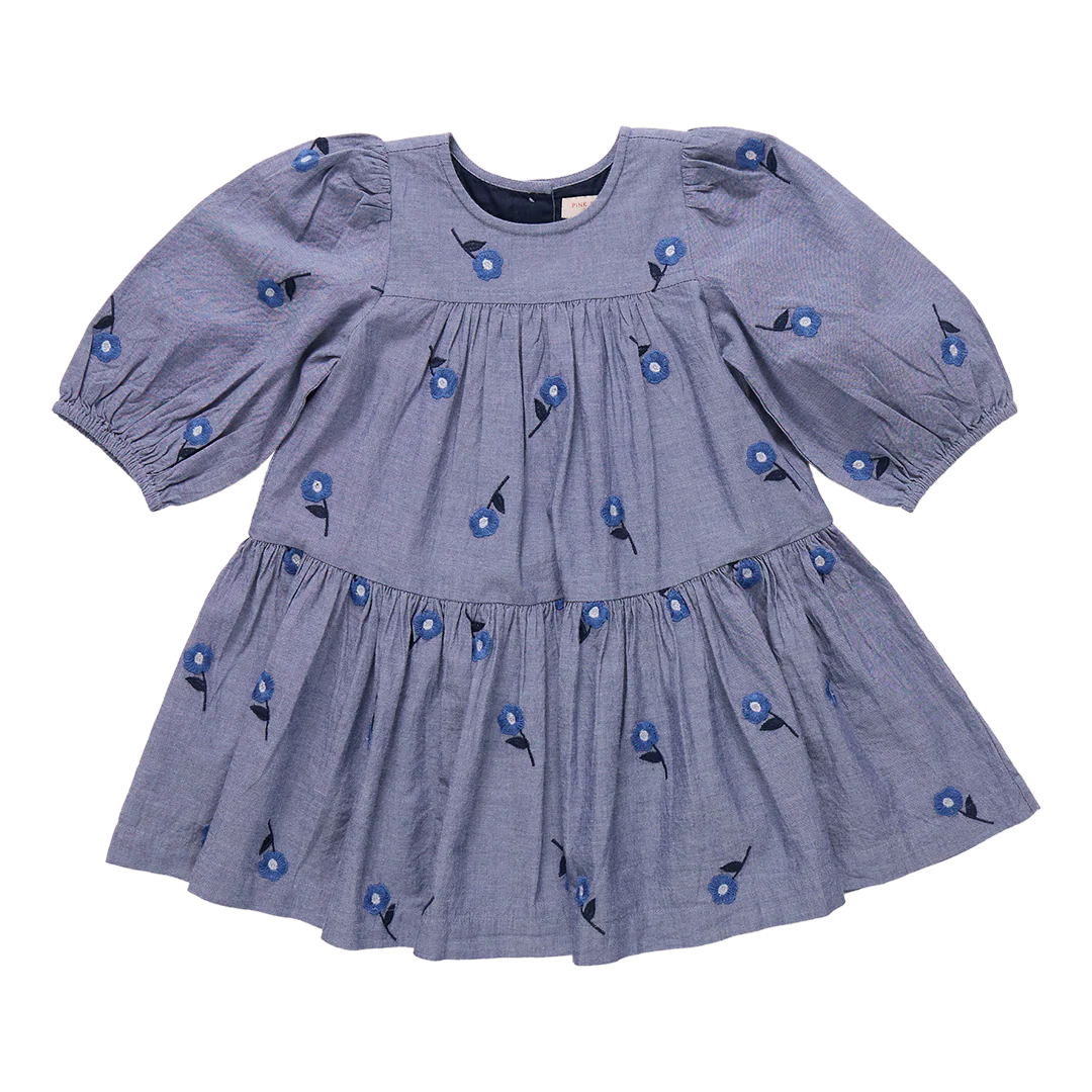 Pink Chicken Girls Fiona Dress - Blue Blossom Embroidery