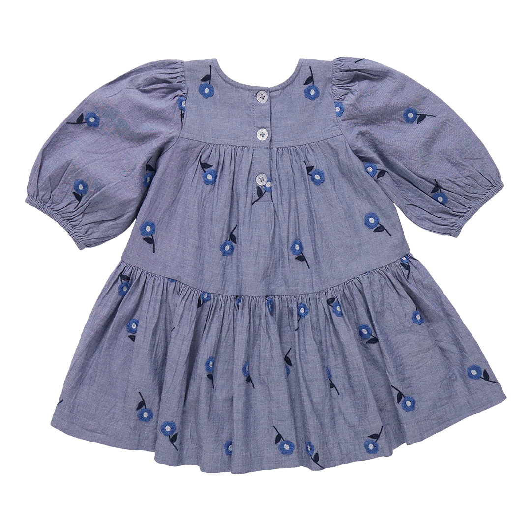 Pink Chicken Girls Fiona Dress - Blue Blossom Embroidery