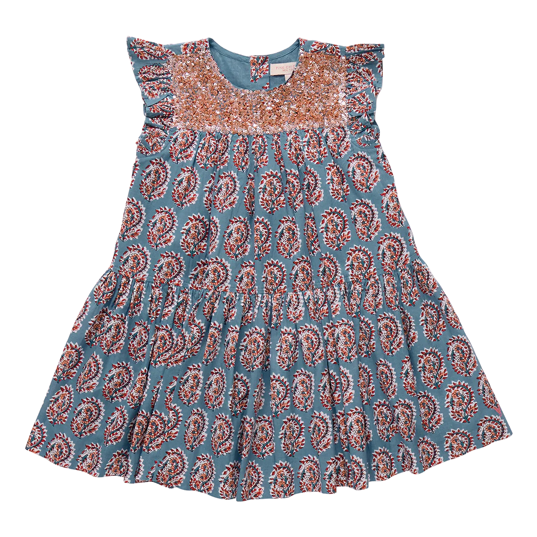 Pink Chicken Girls Fiona Ruffle Dress - Blue Paisley