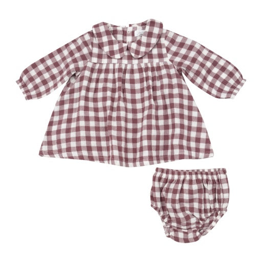 Gingham Plum - Peter Pan Collar Dress and Bloomer Set