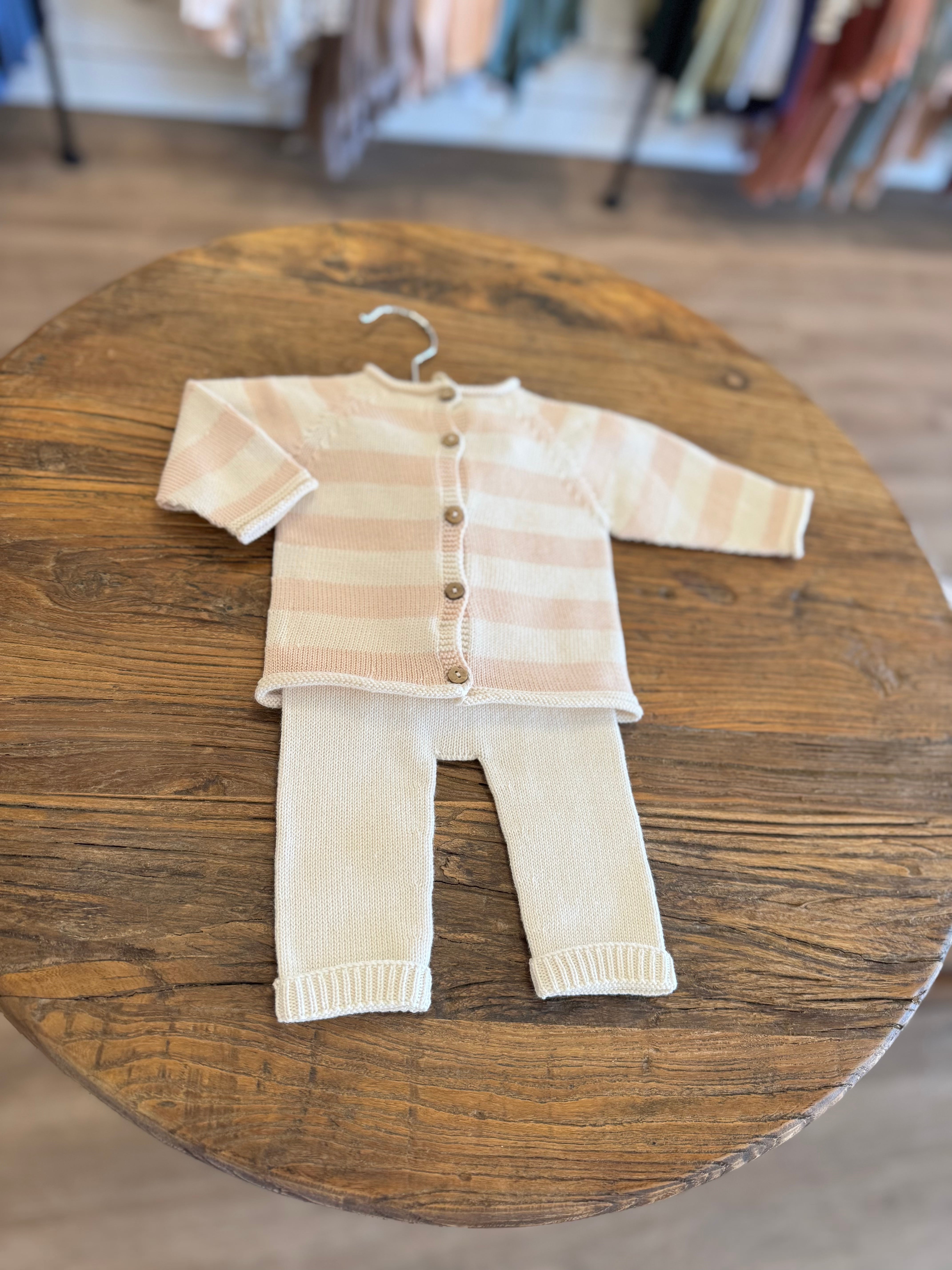 Layette Set - Light Pink and Cream Striped Knit Top and White Knit Leggings