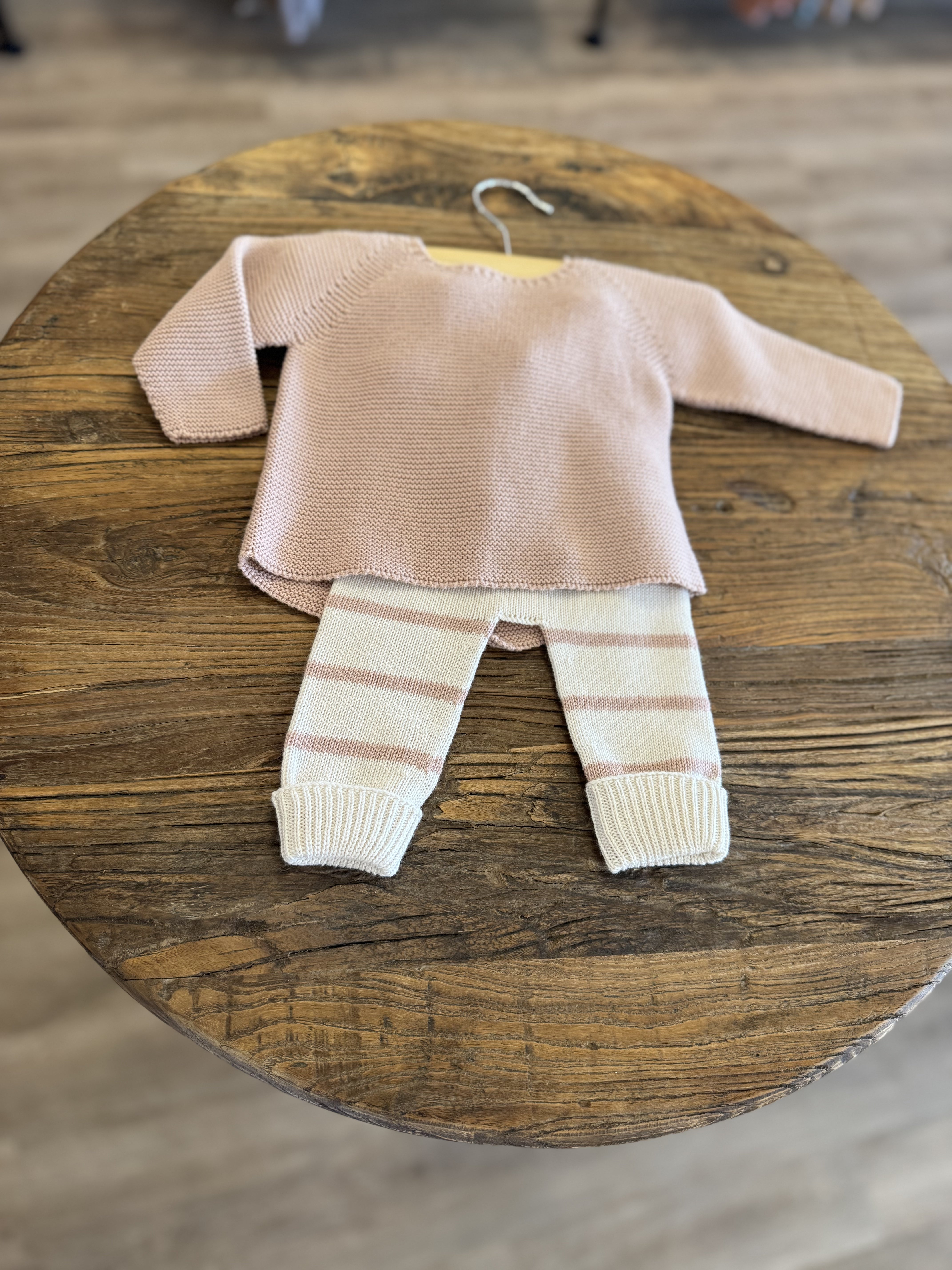 Layette Set - Pale Rose Knit Top & Cream and Pale Rose Striped Knit Leggings