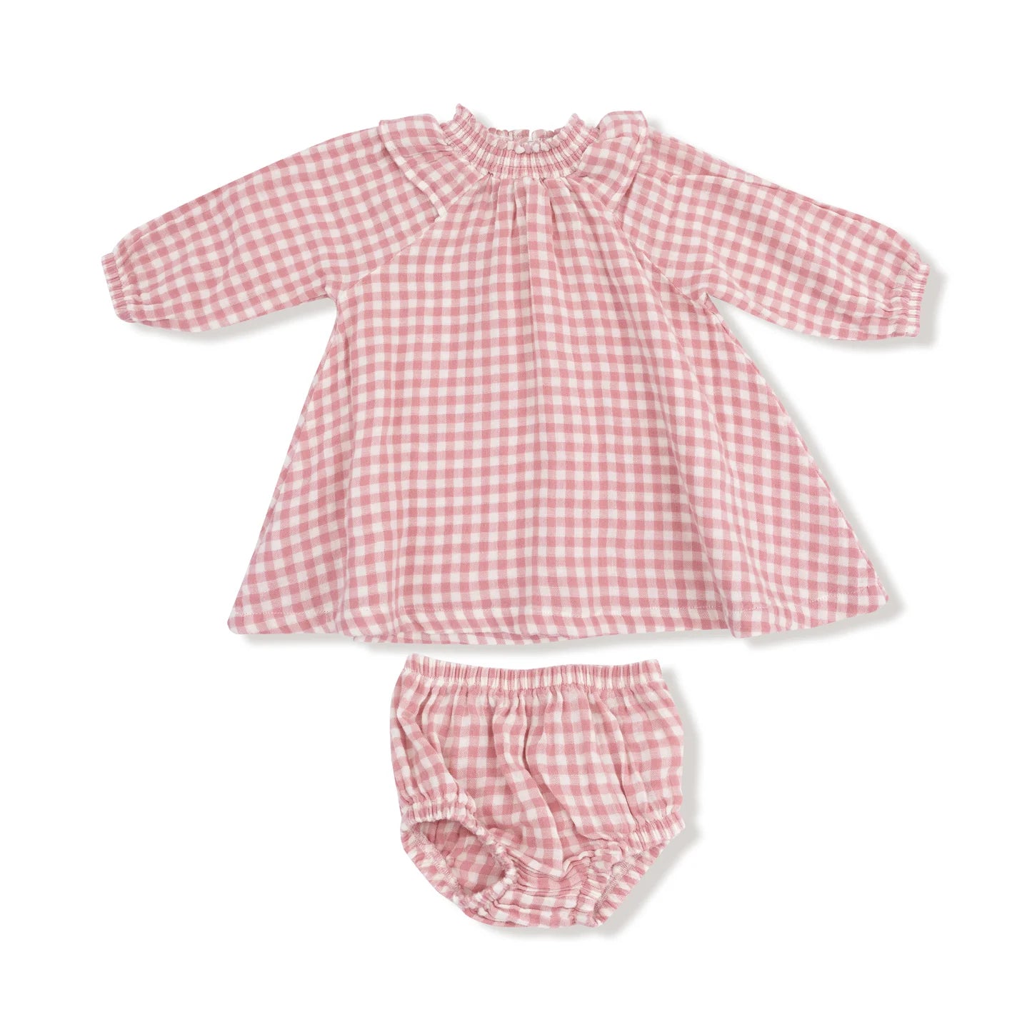 Angel Dear - Pink Plaid Long Sleeve Ruffle Smocked Neck Dress and Diaper Cover