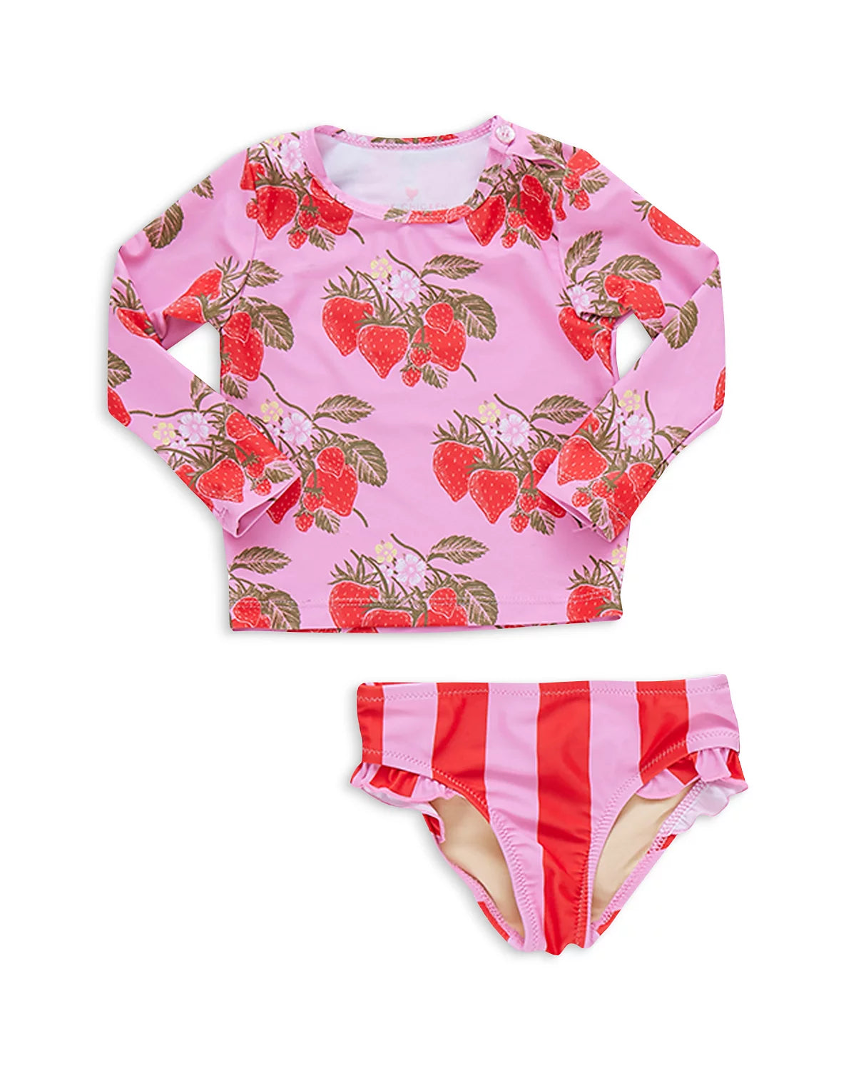 Pink Chicken Wild Strawberries Long Sleeved Rash Guard Two Piece Swimsuit