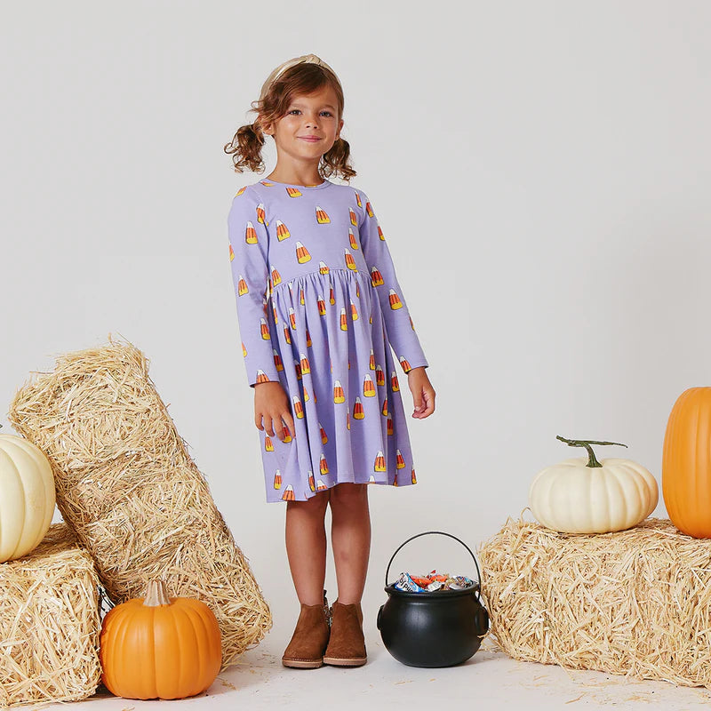 Girls Long Sleeve Steph Dress - Lavender Candy Corn