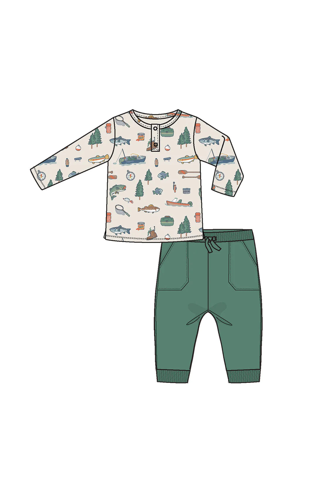 Angel Dear - Fishing Things Long Sleeve Henley Top and Waffle Jogger