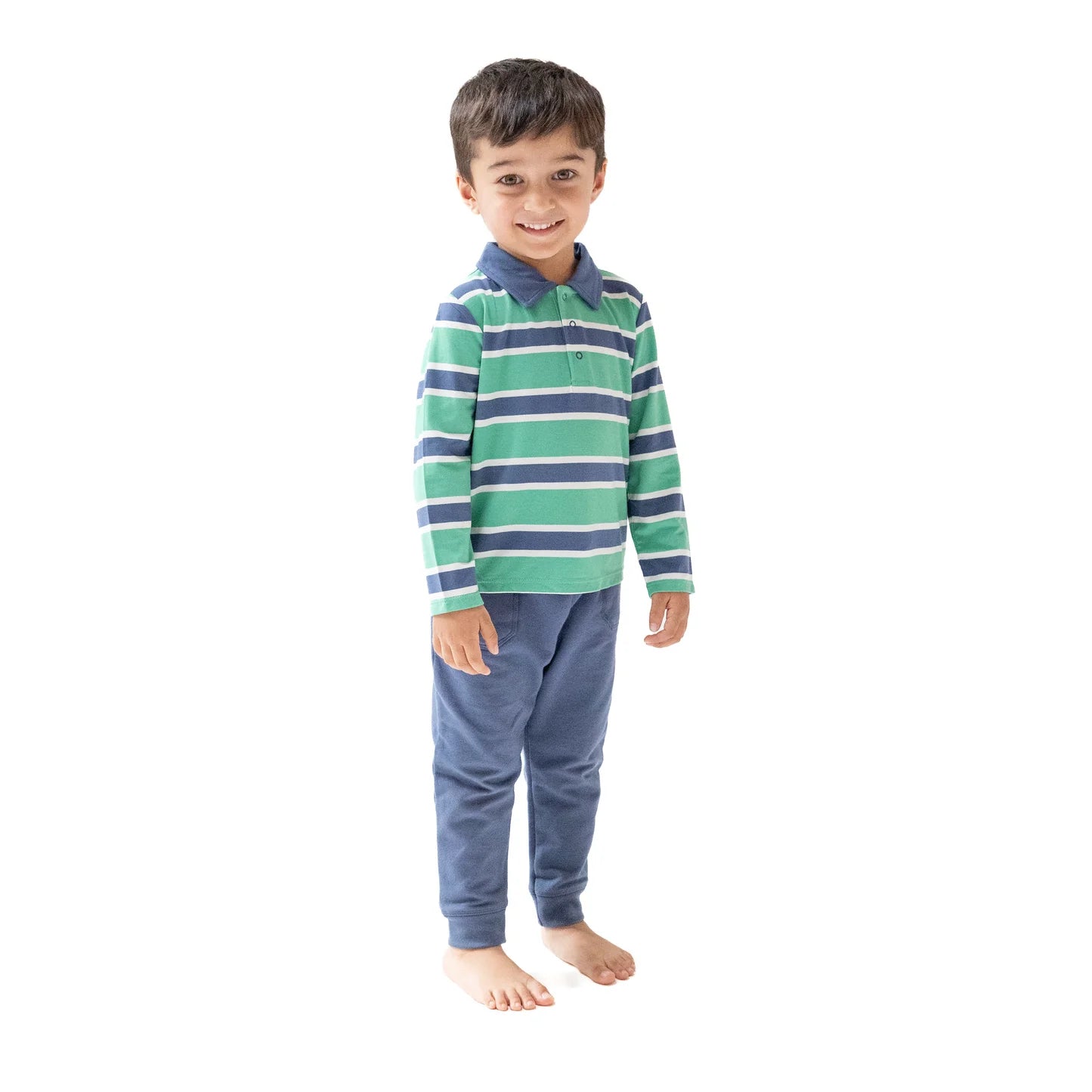 Angel Dear - Rugby Stripe - Green & Navy L\S Polo Shirt