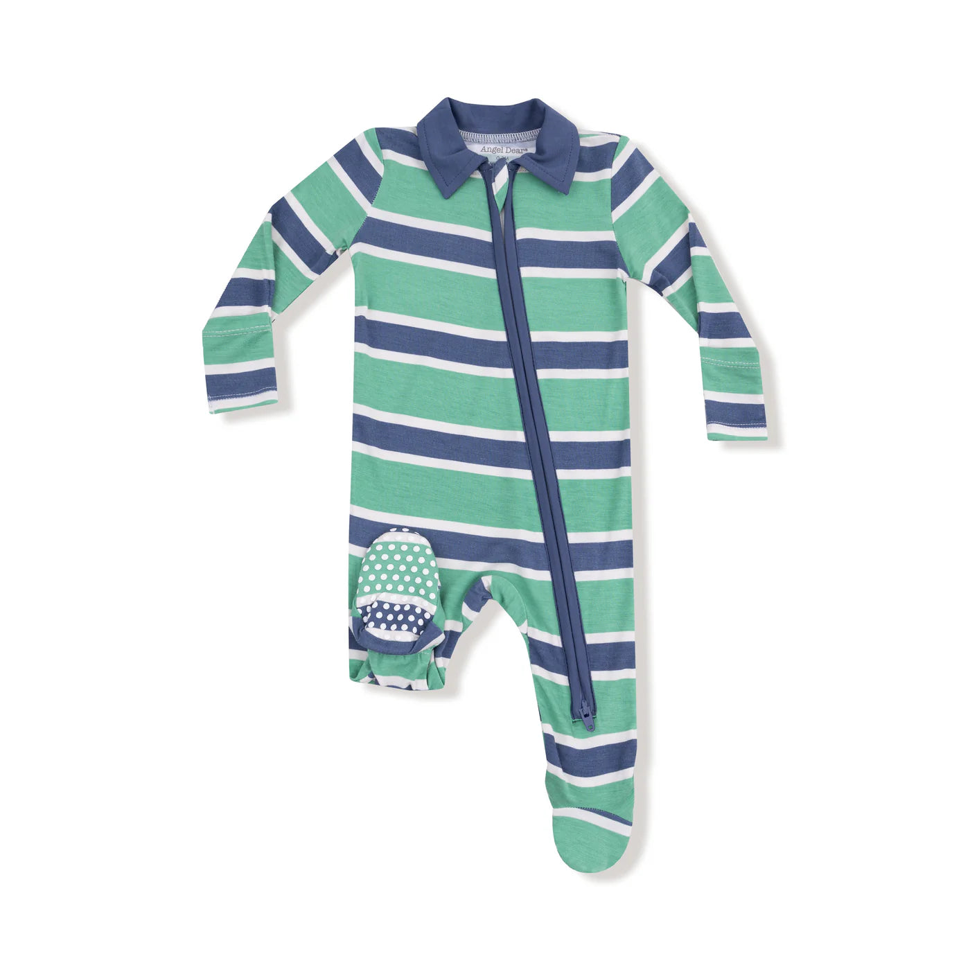 Angel Dear - Rugby Stripe Green and Navy Polo 2 Way Zipper Footie