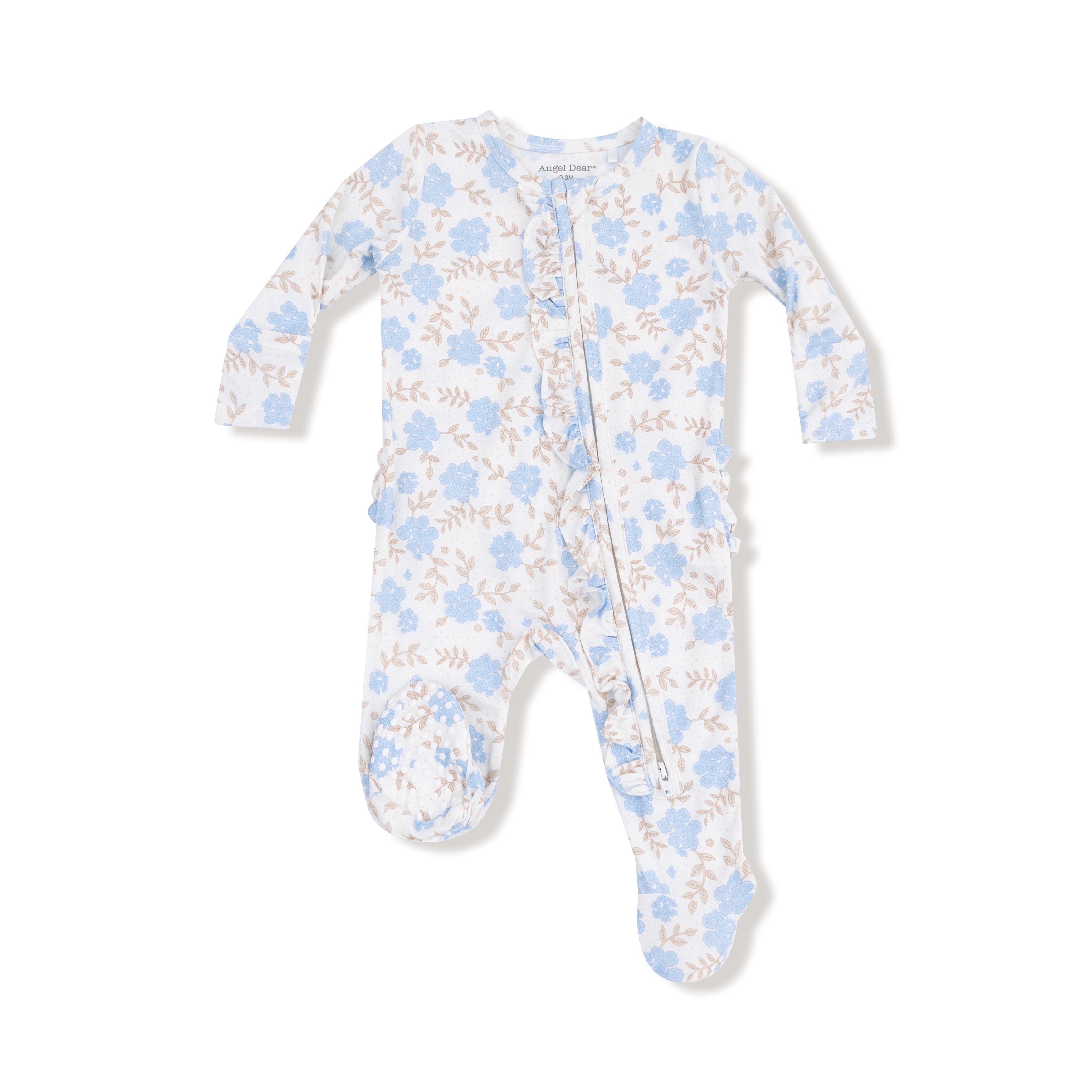 Angel Dear - Baby Blue Floral 2 Way Ruffle Zipper Footie