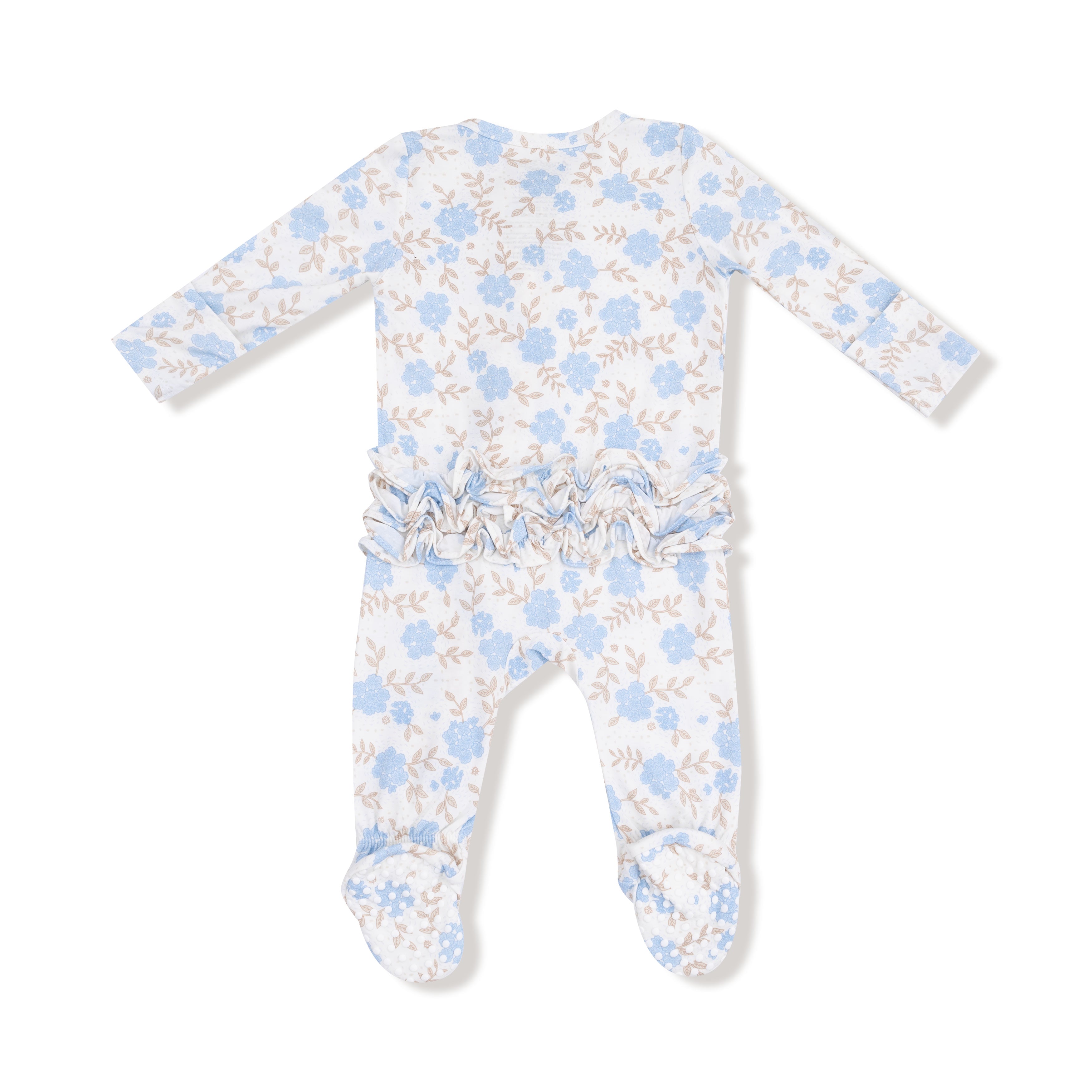 Angel Dear - Baby Blue Floral 2 Way Ruffle Zipper Footie